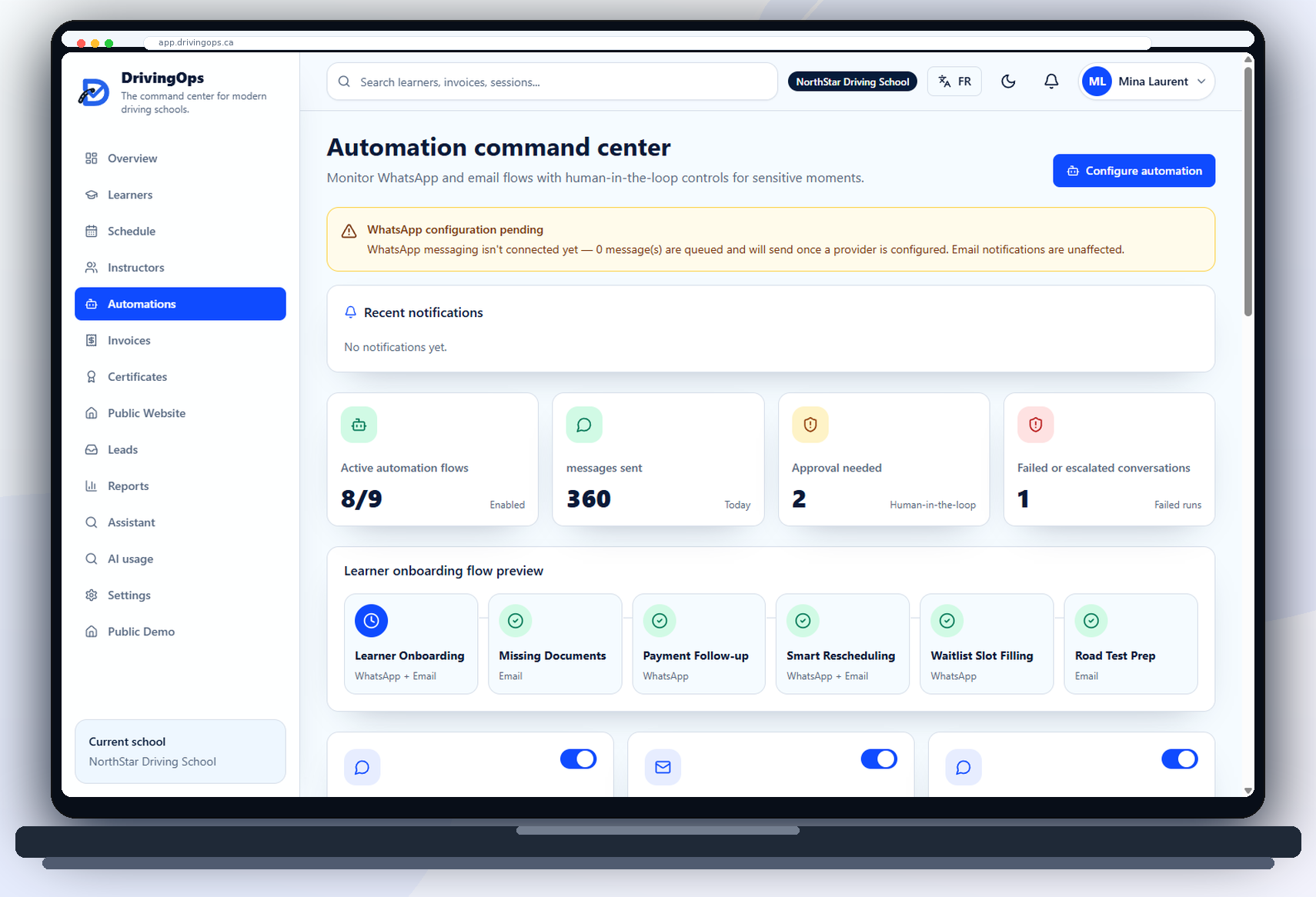 DrivingOps automation command center with WhatsApp and email flows