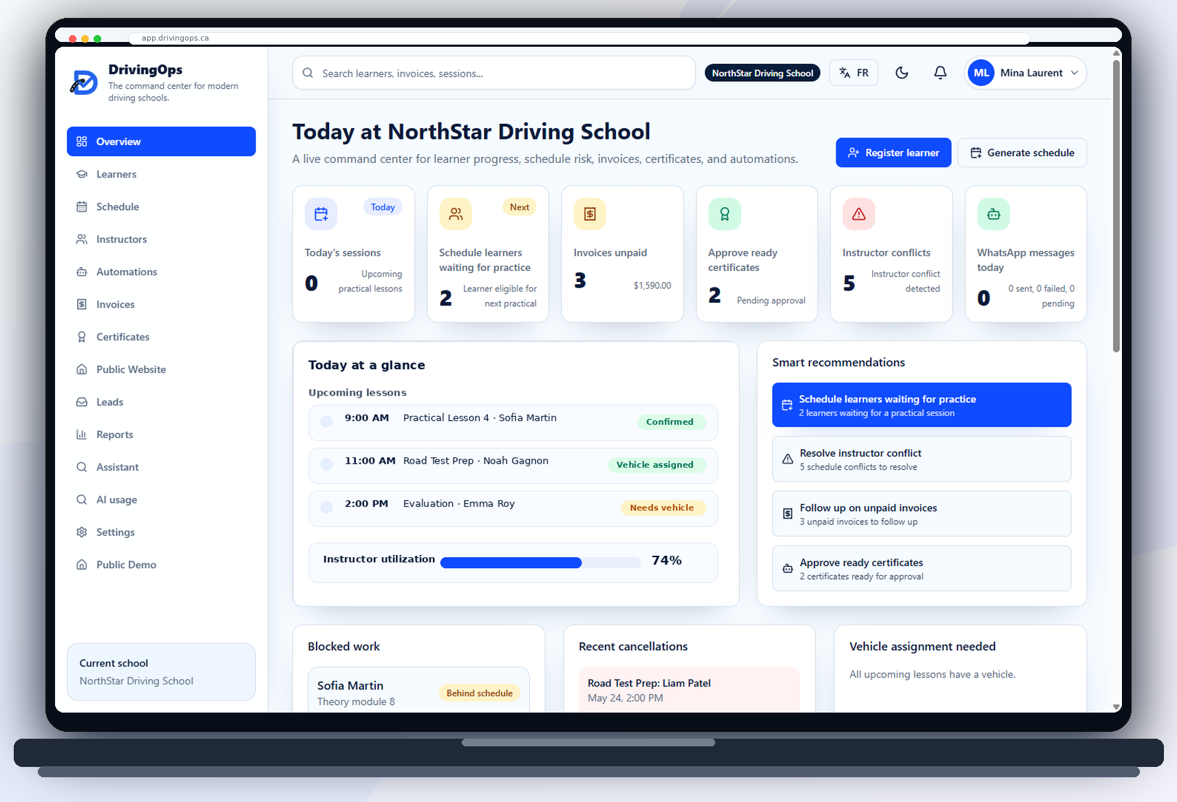 DrivingOps dashboard showing today's lessons, KPIs, and smart recommendations for NorthStar Driving School