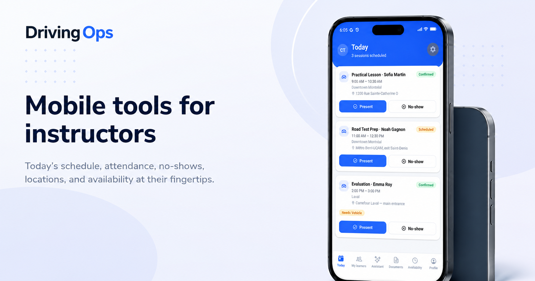 DrivingOps instructor app: today's schedule, attendance, no-shows, locations, and availability on iPhone