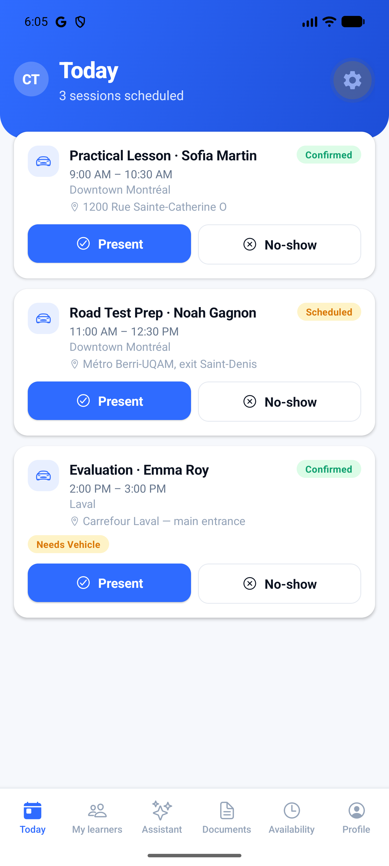 DrivingOps instructor portal Today view on an Android phone