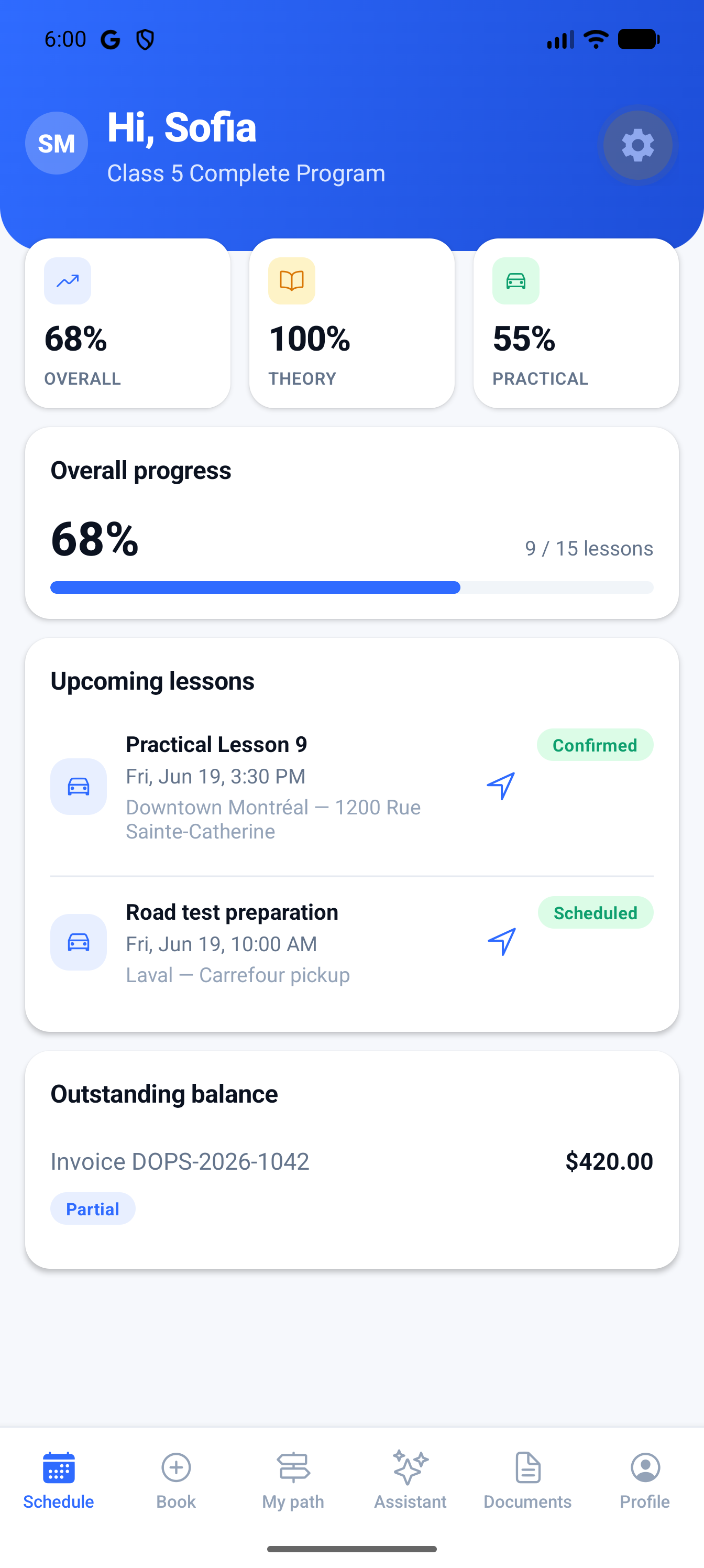 DrivingOps learner portal dashboard on an Android phone